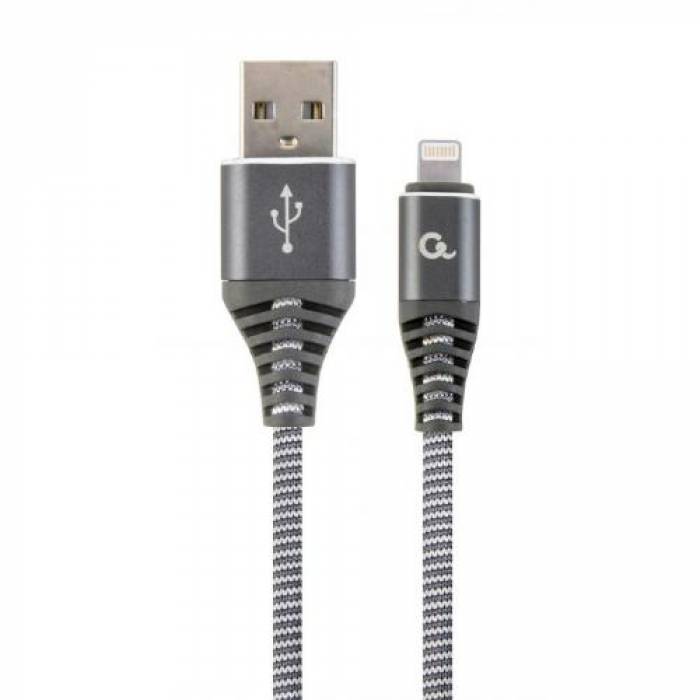 Cablu de date Gembird Premium Cotton Braided, USB - Lightning, 2m, Grey-White