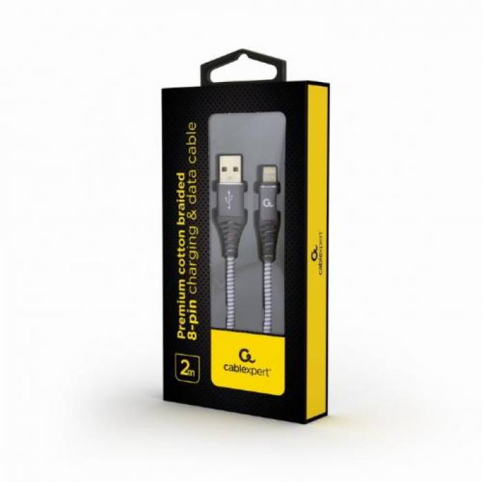 Cablu de date Gembird Premium Cotton Braided, USB - Lightning, 2m, Grey-White
