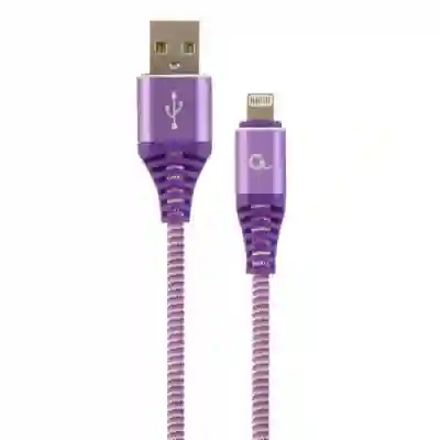 Cablu de date Gembird Premium Cotton Braided, USB - Lightning, 2m, Purple-White
