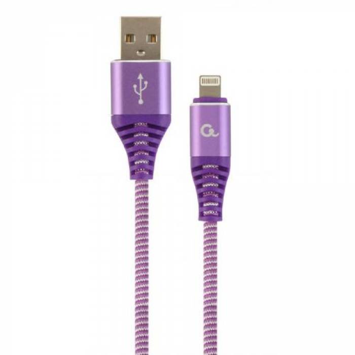 Cablu de date Gembird Premium Cotton Braided, USB - Lightning, 2m, Purple-White