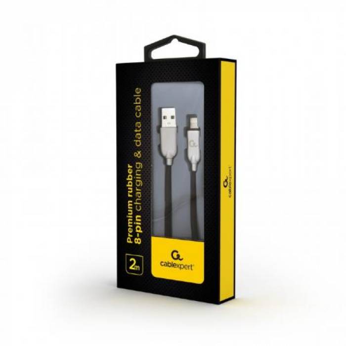 Cablu de date Gembird Premium rubber, USB 2.0 - Lightning, 2m, Black-Gold