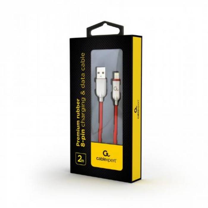Cablu de date Gembird Premium rubber, USB 2.0 - Lightning, 2m, Red-Gold