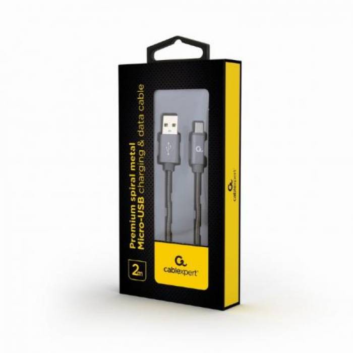 Cablu de date Gembird Premium Spiral Metal, USB - micro USB, 2m, Grey