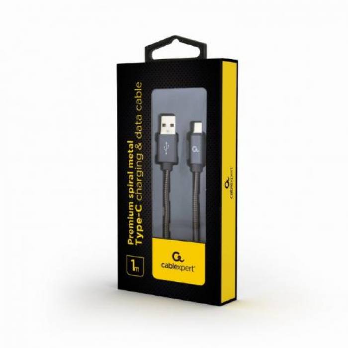 Cablu de date Gembird Premium Spiral Metal, USB - USB-C, 1m, Grey