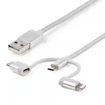 Cablu de date Startech LTCUB1MGR, USB - micro USB + USB-C + Lightning, 1m, Silver