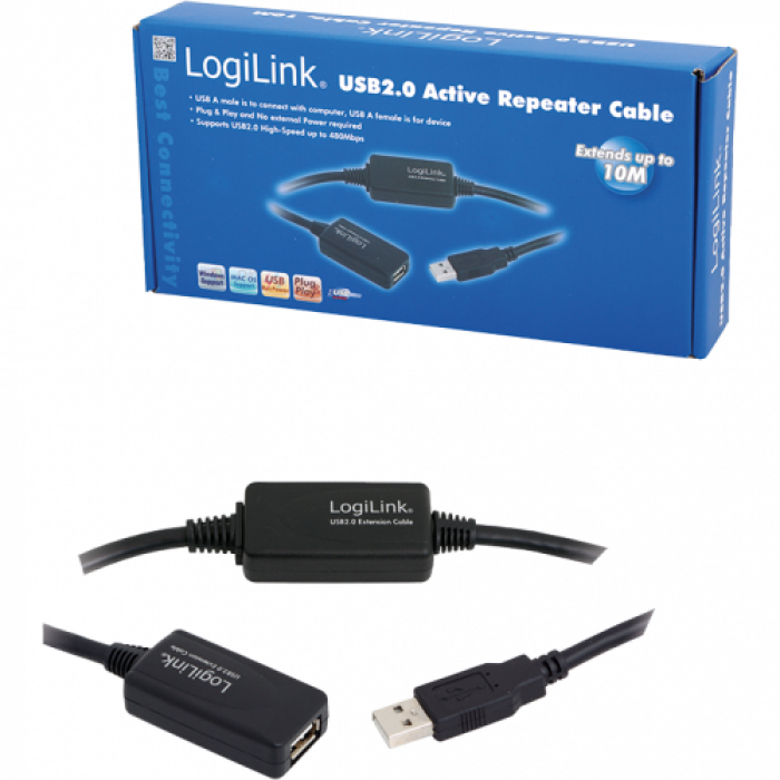 Cablu LogiLink UA0143 Repeater USB 2.0 A Male - USB 2.0 A Female, 10m, Black