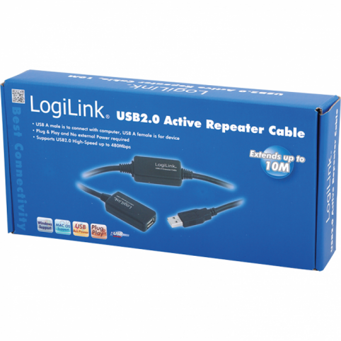 Cablu LogiLink UA0143 Repeater USB 2.0 A Male - USB 2.0 A Female, 10m, Black