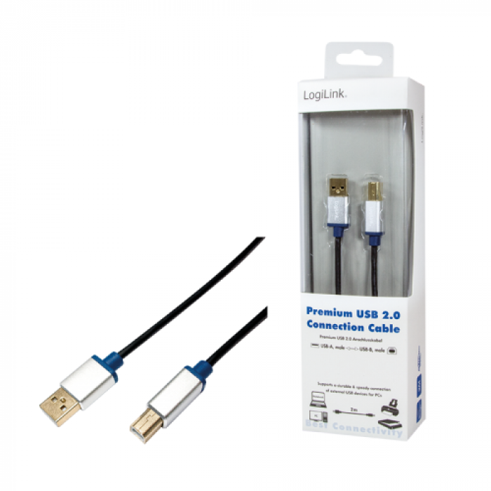 Cablu Logilink USB 2.0 A male - USB 2.0 B male, 2m