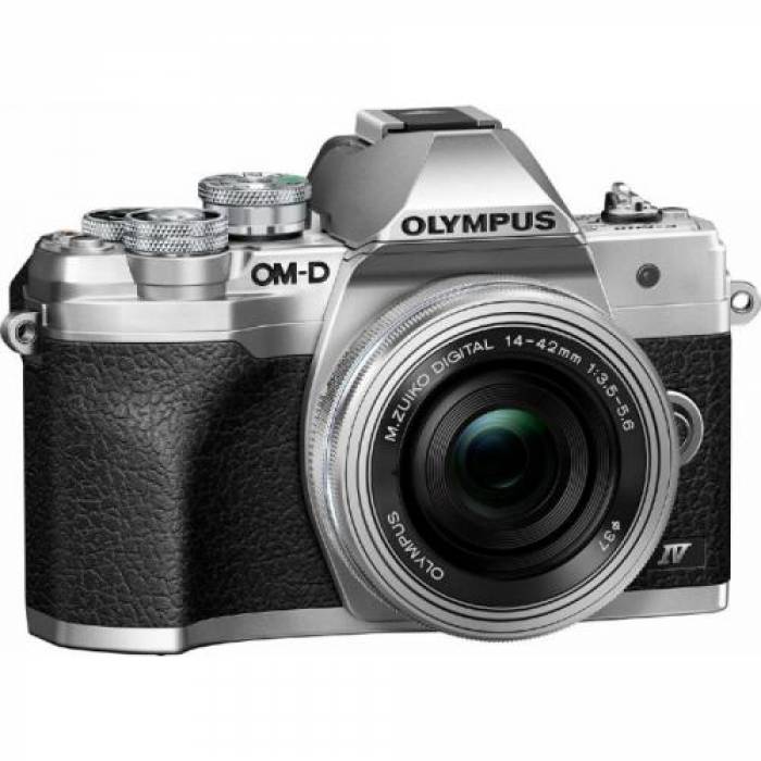 Camera foto Mirrorless Olympus OM-D E-M10 Mark IV body, 20.3MP, Silver + Obiectiv M.Zuiko Digital ED 14-42mm f/3.5-5.6 EZ Silver