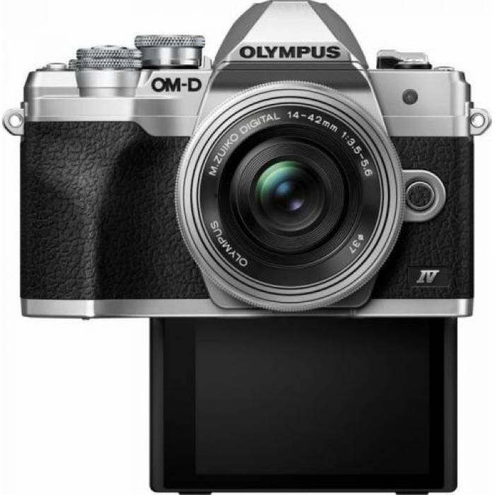 Camera foto Mirrorless Olympus OM-D E-M10 Mark IV body, 20.3MP, Silver + Obiectiv M.Zuiko Digital ED 14-42mm f/3.5-5.6 EZ Silver