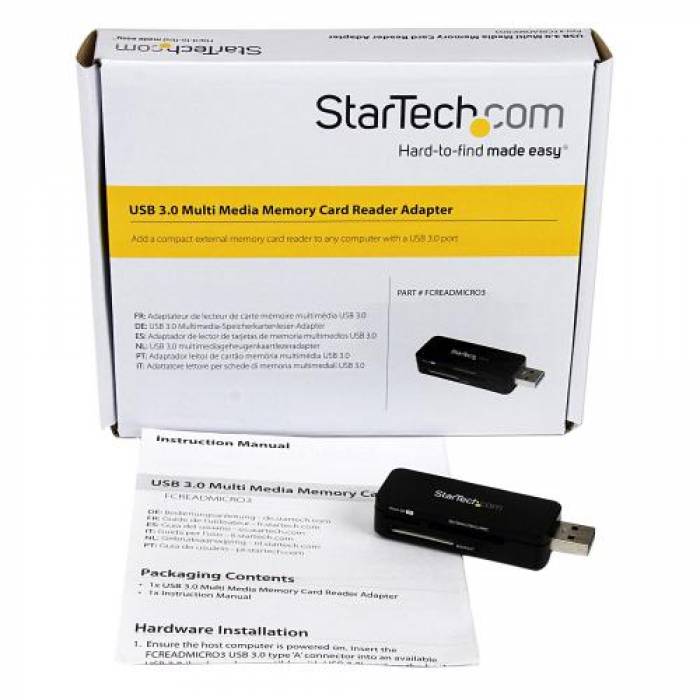 Card Reader Startech FCREADMICRO3 SDHC/MicroSD, USB 3.0, Black