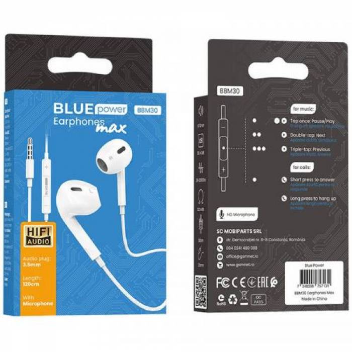 Casti cu microfon Blue Power BBM30 Max, 3.5mm jack, White