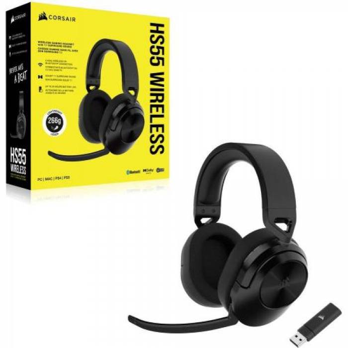 Casti cu microfon Corsair HS55, USB Wireless/Bluetooth, Carbon