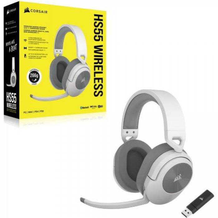 Casti cu microfon Corsair HS55, USB Wireless/Bluetooth, White