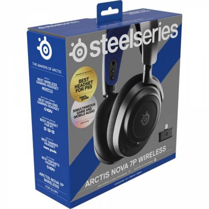 Casti cu microfon SteelSeries Arctis Nova 7P, USB Wireless/Bluetooth, Black-Blue