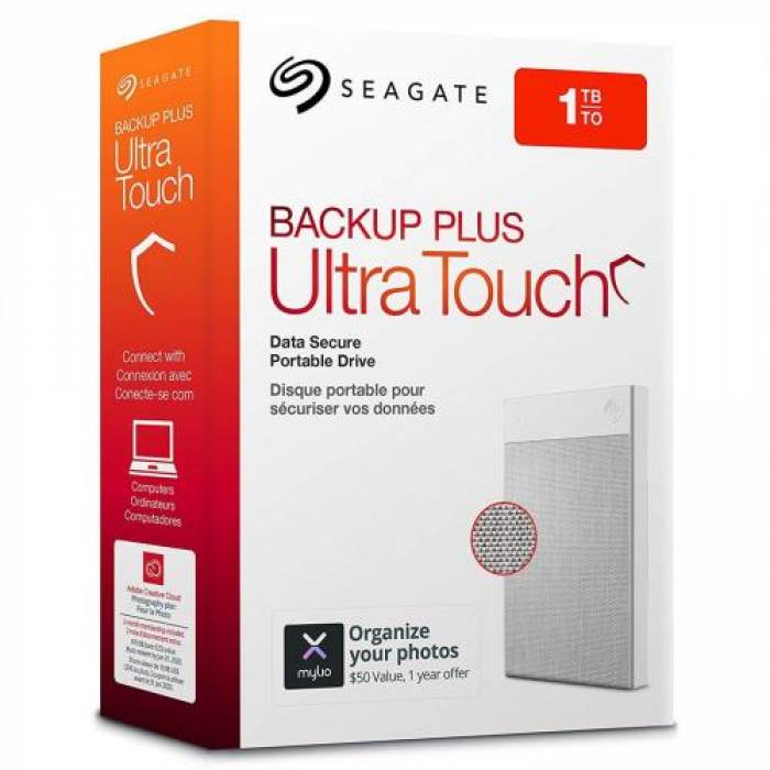 Hard Disk Portabil Seagate Backup Plus Touch, 1TB, USB 3.0, 2.5inch, White