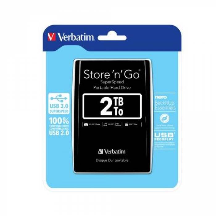 Hard Disk portabil Verbatim Store 'n' Go 2TB, USB 3.0, 2.5inch