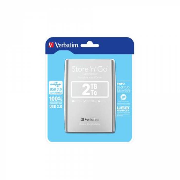 Hard Disk portabil Verbatim Store & Go 2TB, USB 3.0, 2.5inch, Silver