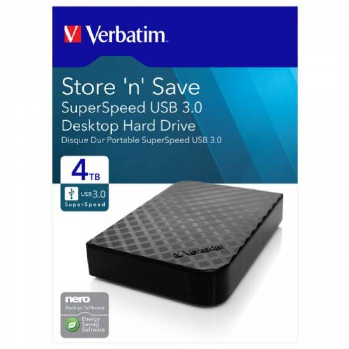 Hard Disk portabil Verbatim Store n Save, 4TB, USB 3.0, 3.5inch