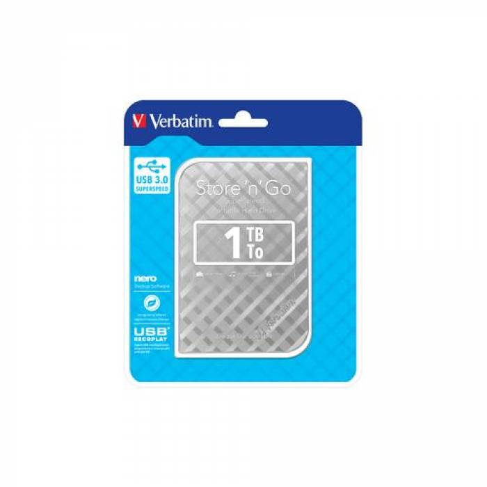 Hard Disk Verbatim Store 'n' Go 1TB, USB 3.0, 2.5inch, Silver