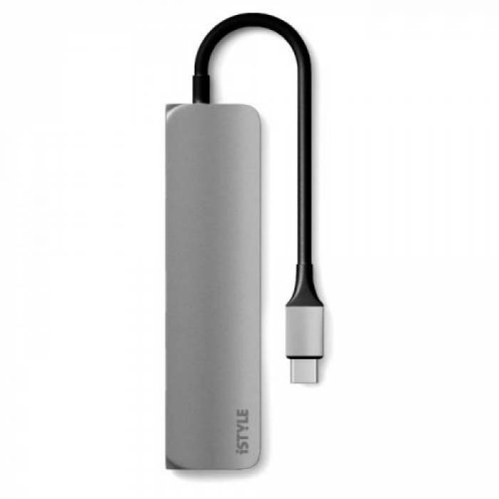 Hub USB Apple iSTYLE Multiport Slim, 2x USB 3.2 gen 1 + 1x HDMI + 1x USB-C, Grey