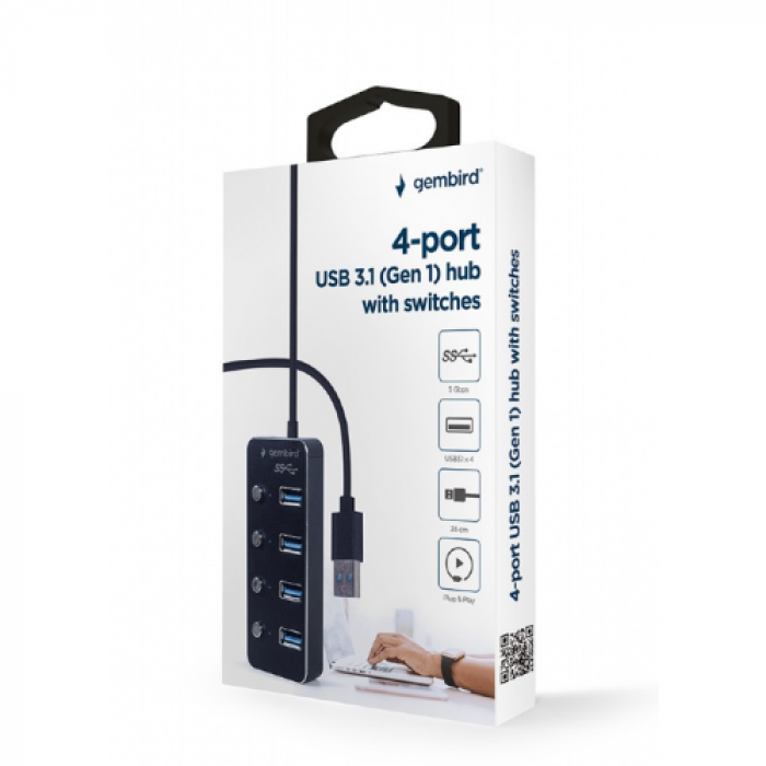 Hub USB Gembird UHB-U3P4P-01, 4x USB 3.2 gen 1, Black