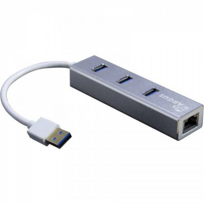 Hub USB Inter-Tech Argus IT-310-S, 3x USB 3.2 gen 1 + 1x RJ45, Silver