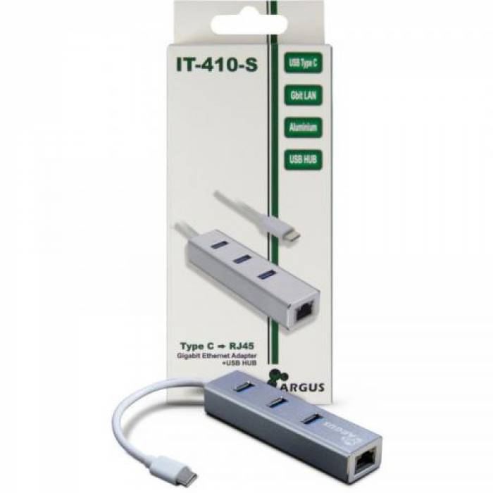 Hub USB Inter-Tech Argus IT-410-S, 3x USB 3.2 gen 1 + 1x RJ45, Silver