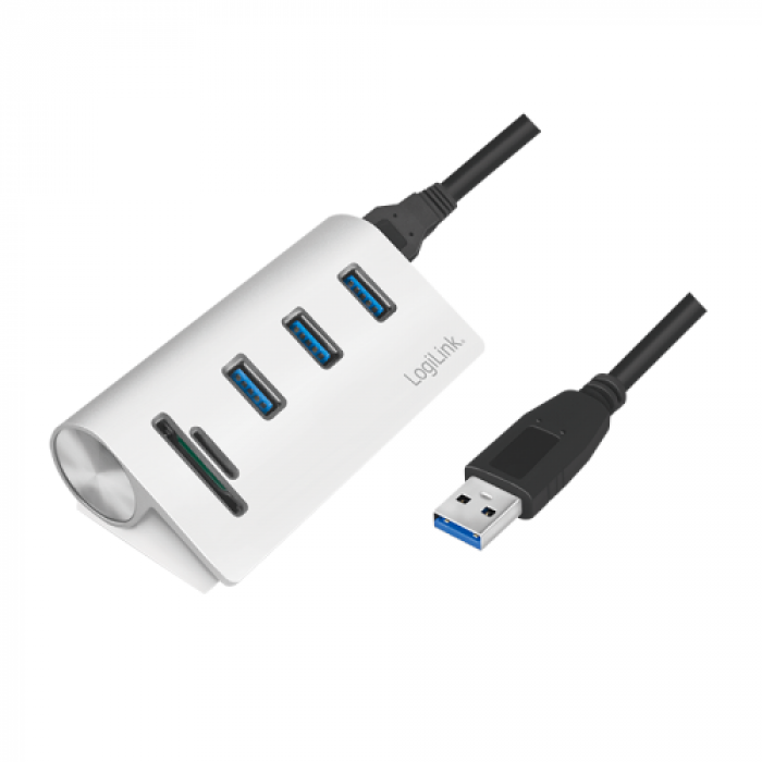 Hub USB Logilink CR0045, 3x USB 3.2 gen 1 + Card reader, White