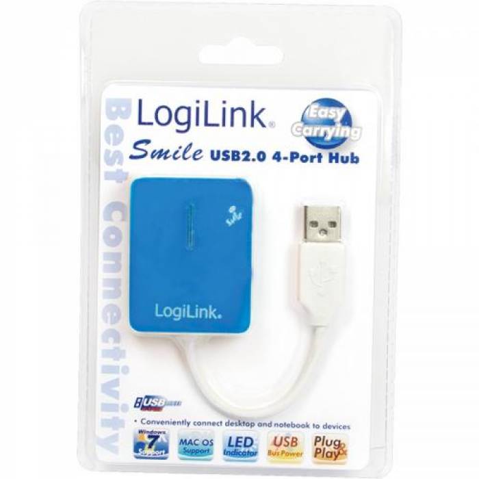 Hub USB Logilink Smile, 4x USB 2.0, Blue