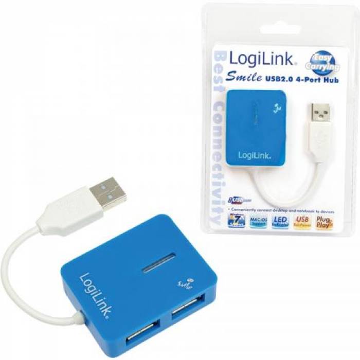 Hub USB Logilink Smile, 4x USB 2.0, Blue