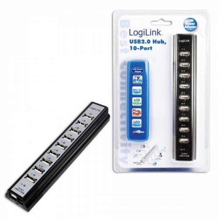 Hub USB Logilink UA0096, 10x USB 2.0, Black