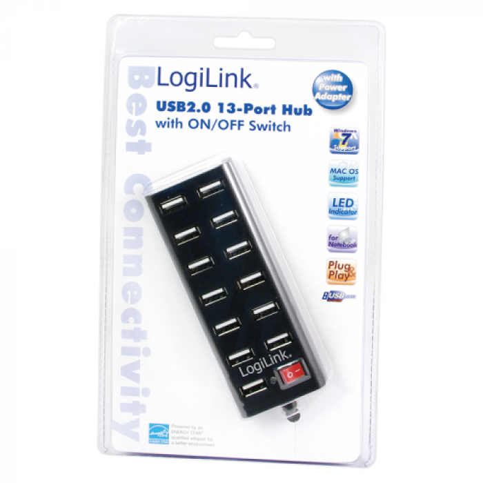 Hub USB Logilink UA0126, 13x USB 2.0, Black