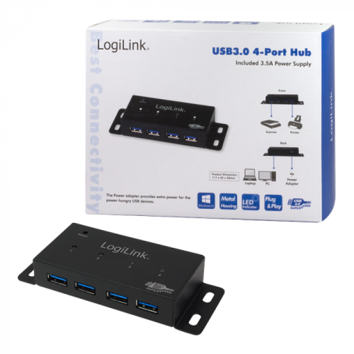 Hub USB Logilink UA0149, 4x USB 3.2 gen 1, Black