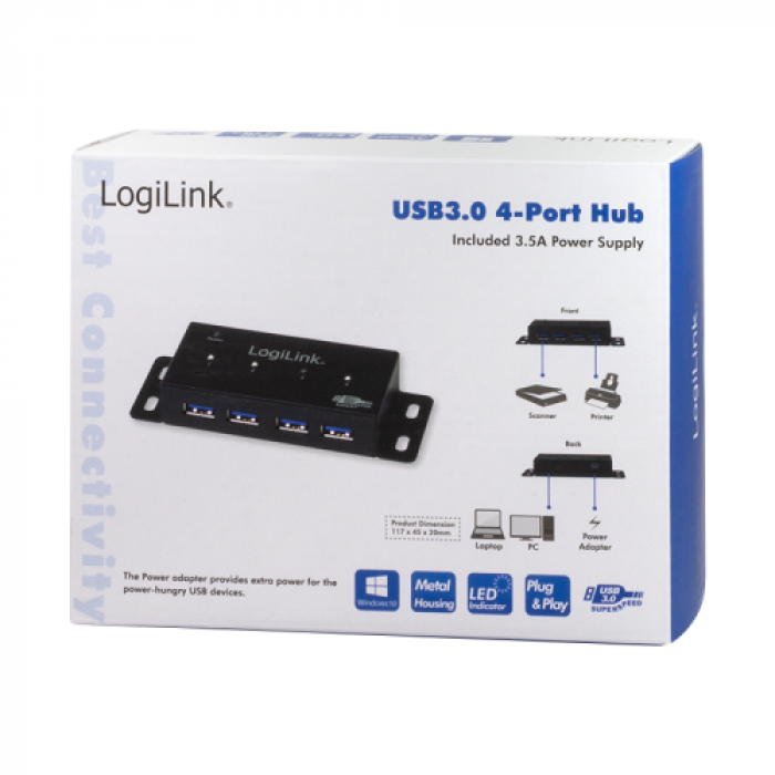 Hub USB Logilink UA0149, 4x USB 3.2 gen 1, Black