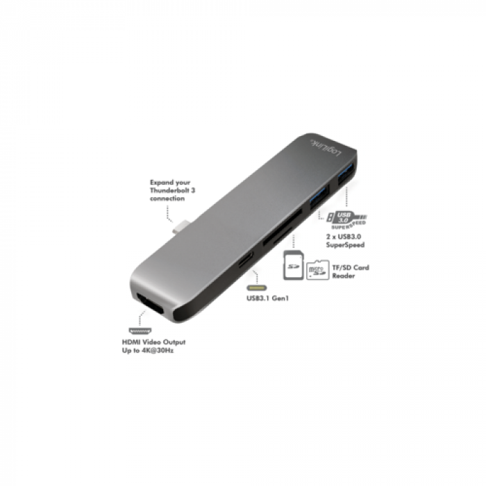 Hub USB Logilink UA0301, 2x USB 3.2 gen 1 + 1x USB-C + 1x HDMI + Card Reader, Grey Hub USB Logilink UA0301, 2x USB 3.2 gen 1 + 1x USB-C + 1x HDMI + Card Reader, Grey