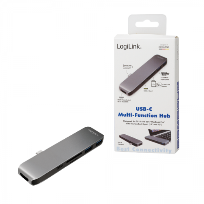 Hub USB Logilink UA0301, 2x USB 3.2 gen 1 + 1x USB-C + 1x HDMI + Card Reader, Grey Hub USB Logilink UA0301, 2x USB 3.2 gen 1 + 1x USB-C + 1x HDMI + Card Reader, Grey