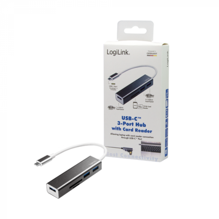 Hub USB Logilink UA0305, 3x USB 3.2 gen 1 + Card reader, Grey
