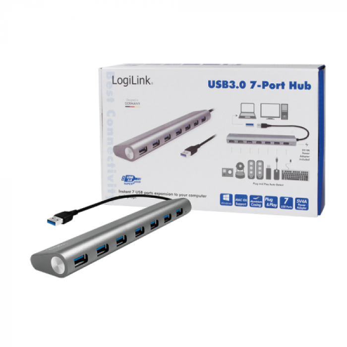Hub USB Logilink UA0308, 7x USB 3.0, Grey