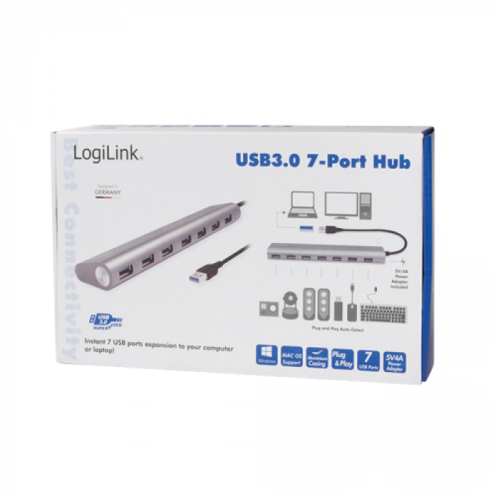 Hub USB Logilink UA0308, 7x USB 3.0, Grey