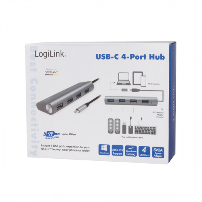 Hub USB Logilink UA0309, 4x USB 3.2 gen 1, Grey