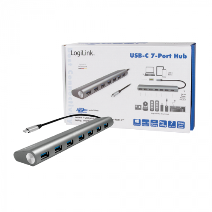 Hub USB Logilink UA0310, 7x USB 3.2 gen 1, Grey