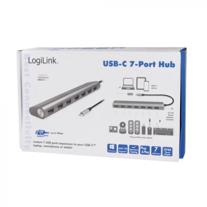 Hub USB Logilink UA0310, 7x USB 3.2 gen 1, Grey