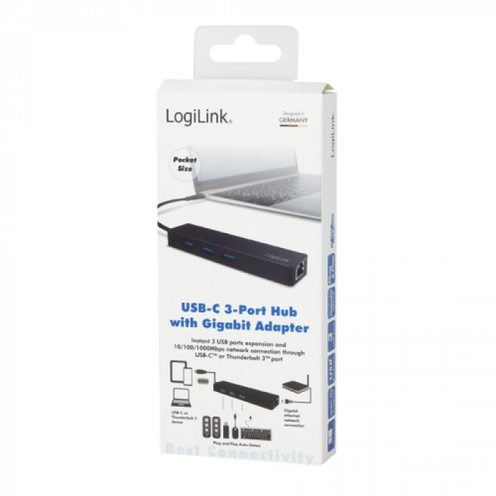 Hub USB Logilink UA0313, 3x USB 3.2 gen 1 + 1x RJ45, Black