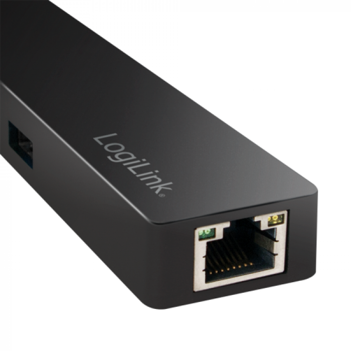 Hub USB Logilink UA0313, 3x USB 3.2 gen 1 + 1x RJ45, Black