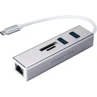 Hub USB MSI Prestige Type C Multi-port, 2x USB 3.0, 1x SD Card, 1x Lan, Grey