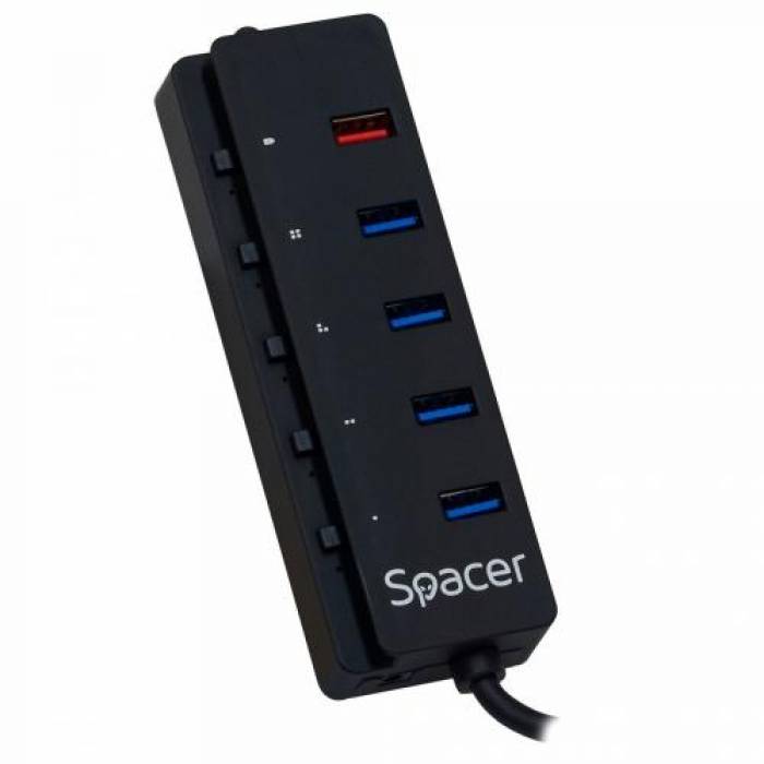 HUB USB Spacer SPH-4USB30-1QC, 5x USB 3.0, Black