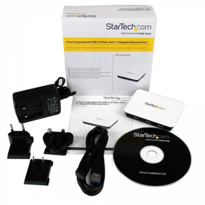 Hub USB Startech ST3300U3S, 3x USB 3.2 gen 1, White