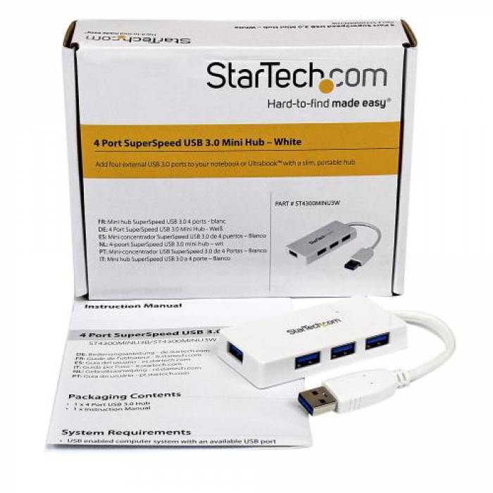 Hub USB Startech ST4300MINU3W, 4x USB 3.2 gen 1, White