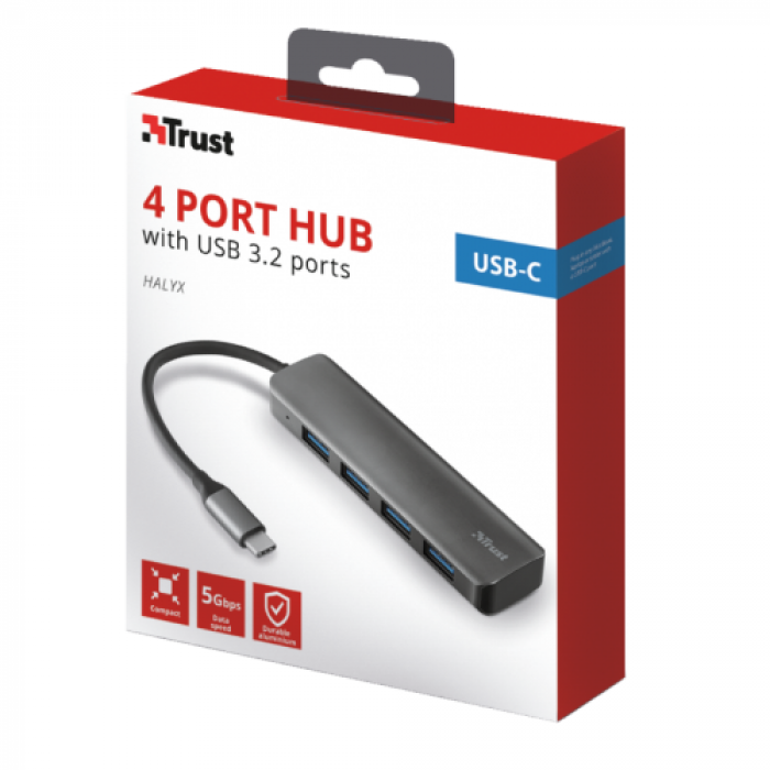 Hub USB Trust Halyx Alu, Grey